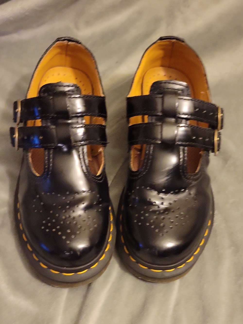 Dr. Martens Black Double-Strap Mary Jane Shoes with Yellow Stitching
